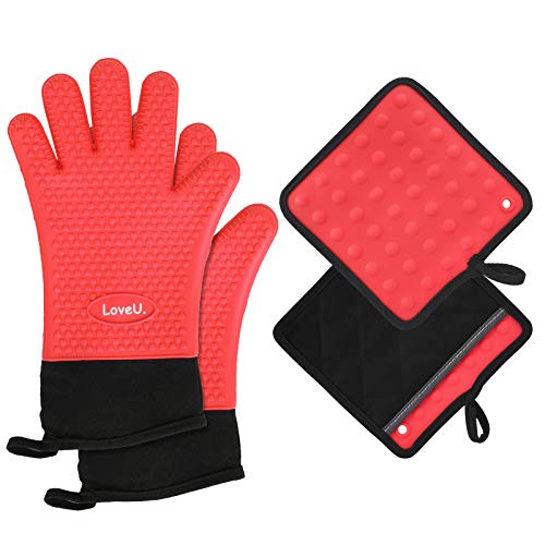 Loveuing Oven Mitts and Silicone Pot Holders DoubleLayer Oven Gloves  Heat Resistant BBQ Gloves  Waterproof NonSlip Potholder for Barbecue Cooking Baking