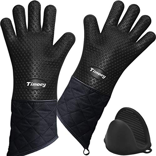 Timoey Grilling Gloves Heat Resistant Gloves BBQ Kitchen Silicone Oven Mitts Long Version Waterproof NonSlip Potholder for Barbecue Cooking Baking  AntiHot Hand Clip (Black)