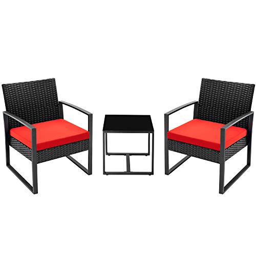 Flamaker 3 Pieces Patio Set Outdoor Wicker Patio Furniture Sets Modern Bistro Set Rattan Chair Conversation Sets with Coffee Table for Yard and Bistro (Red)