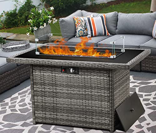 LayinSun 44 Propane Gas Fire Pit Table 55000 BTU Rectangular Fire Pit with Glass Wind Guard for Outside Patio Deck Garden Backyard (Gray Glass44)