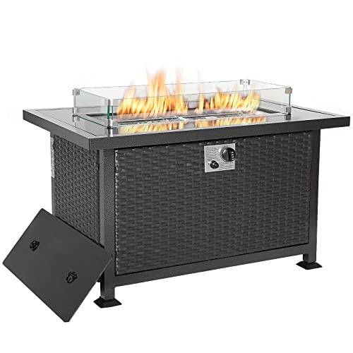 UMAX 44in Outdoor Propane Gas Fire Pit Table 50000 BTU AutoIgnition Gas Firepit with Glass Wind Guard Black Tempered Glass Tabletop  Clear Glass Rock Black PE Rattan CSA Certification