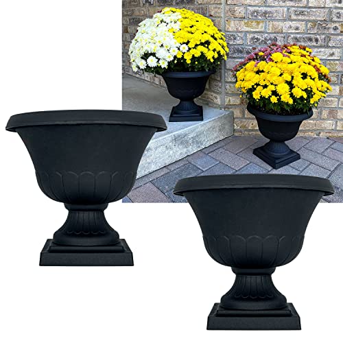 2 Pack 12in Flat Black Classic Urn Plastic Planter for Indoor and Outdoor Use