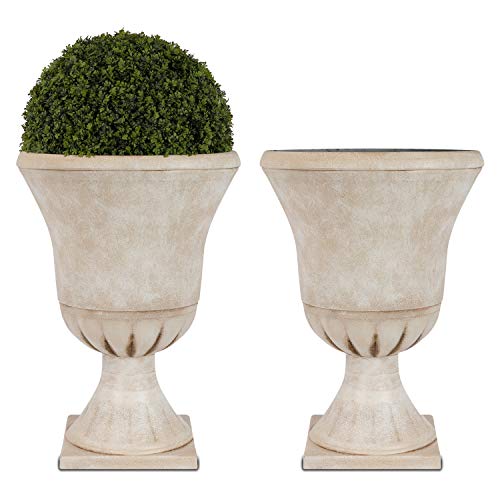 Worth Garden Plastic Urn Planters for Outdoor Plants Tree 22 Tall 2 Pack Round Classic Resin Flower Pots Indoor Beige Traditional Front Porch 16 in Dia Large Imitation Stone Decorative Patio Deck