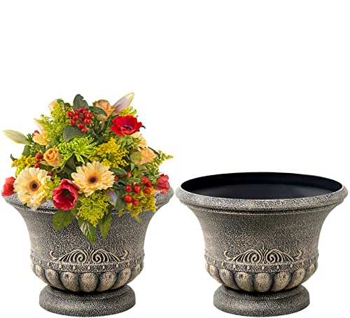 Worth Garden Short Urn Planters for Outdoor Plants 2 Pcak Large 16 Inch Plastic Classic Traditional Resin Yellow Flower Pots Front Porch Antique Indoor Christmas Tree Decorative Containers Patio Deck