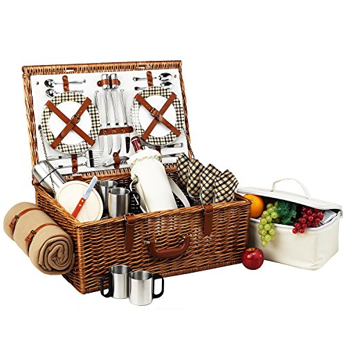 Picnic at Ascot Dorset EnglishStyle Willow Picnic Basket with Service for 4 Coffee Set and Blanket Designed Assembled  Quality Approved in the USA