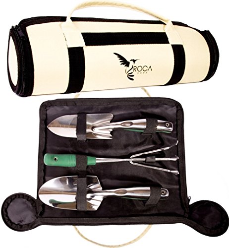 Superior Garden Tools Set with Trowel Transplanter and Rake by ROCA Home Great Gardening Gifts Garden Tools Case Included and Gardening Guide