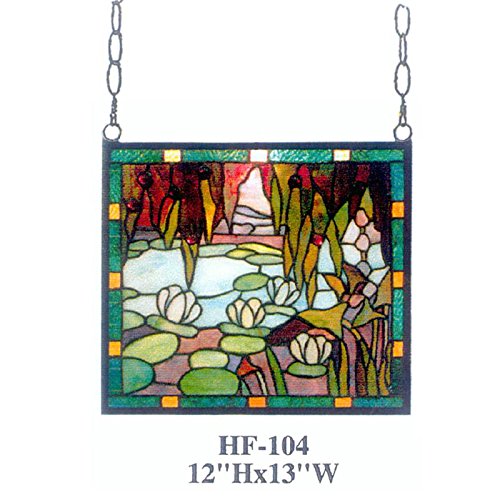 HDO Glass Panels HF-104 Rural Vintage Tiffany Style Stained Church Art Glass Decorative Pastoral Lotus&Pond Rectangle Window Hanging Glass Panel Suncatcher 12 Hx13 W