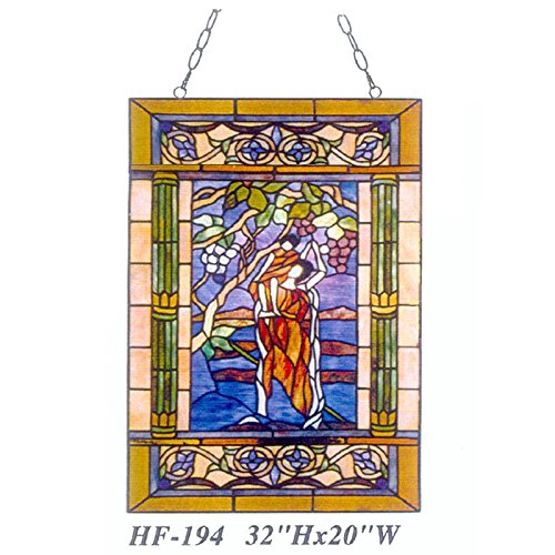 HDO Glass Panels HF-194 Pastoral Tiffany Style Stained Glass Art Grapes Decorative Window Hanging Glass Panel Suncatcher 32 Hx20 W