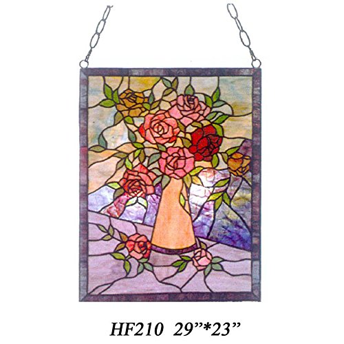 HDO Glass Panels HF-210 Tiffany Style Stained Church Art Glass Roses Rectangle Window Hanging Glass Panel Suncatcher 29 Hx23 W