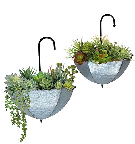 GIFTME 5 Set of 2 Galvanized Metal Umbrella Hanging Wall Planter Flower Holder Indoor or Outdoor Garden Succulent Wall Planter Set