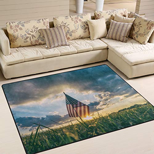 FANTAZIO Floor mats for Kids American USA Flag in The Grass Area Rug Straight Carpet Gripper Polyester Ideal Rug Stopper for KitchenBathroom 63x48in80x58in