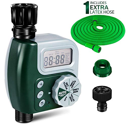 Garden Hose Timer Outdoor with 50 ft Retractable Nylon Hose Electronic Sprinkler Timer Outdoor Single Outlet Digital Programmable Auto and Manual Control for Garden Greenhouse Flower Bed Lawn