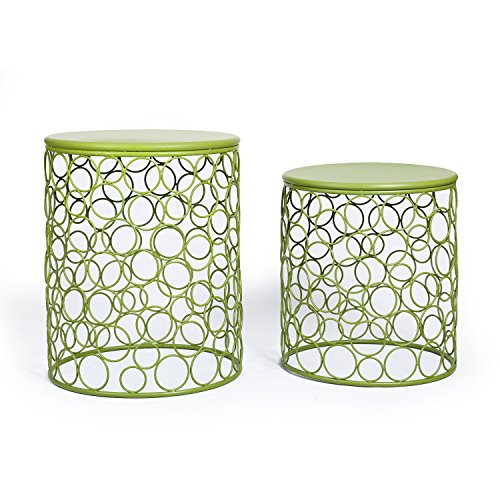 Adeco Home Garden Accents Circle Wired Round Iron Metal Nesting Stool Side End Table Plant Stand Bubble Pattern For Indoor Outdoor Olive Drab Green SET OF TWO