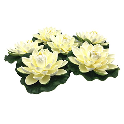 NAVAdeal 6PCS Artificial Floating Foam Lotus Flowers with Water Lily Pad Ornaments Ivory White Perfect for Patio Koi Pond Pool Aquarium Home Garden Wedding Party Holiday Special Event Decorations