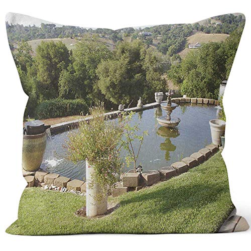 Nine City California Koi Pond Pool and Fountains Burlap Pillow Home Decor Throw Pillow Cover Cotton Linen CushionHD Printing for Couch Sofa Bedroom Livingroom Kitchen Car26 W by 26 L