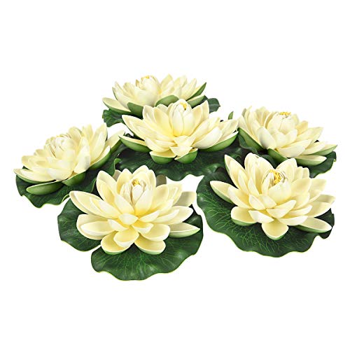 Sunm Boutique Artificial Floating Foam Lotus Flowers Artificial Water Lily Pads Lotus Lilies Pad Ornaments for Patio Koi Pond Pool Aquarium Home Garden Wedding Party Garden Decor 6Pcs Ivory