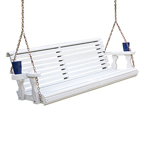 Amish Heavy Duty 800 Lb Roll Back Treated Porch Swing with Hanging Chains and Cupholders 4 Foot Semi-Solid White Stain