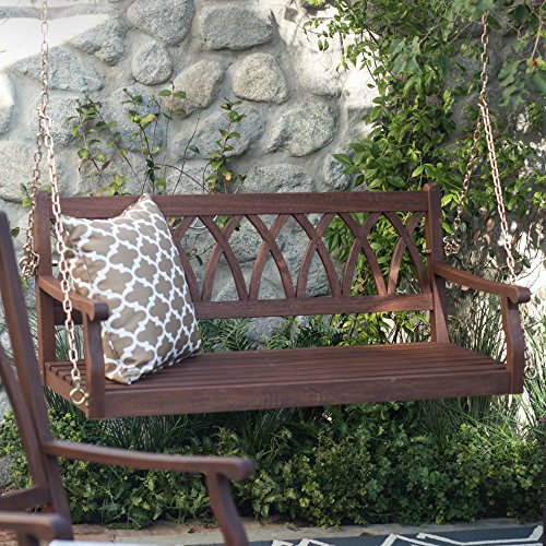 Front Porch Swing 2 Person Wooden Patio Outdoor Yard Garden Seating Hanging Chains Curved X Back Dark Brown 4 ft