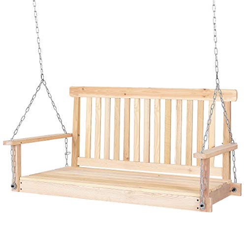 Giantex 4 FT Porch Swing with Chain Natural Wood Garden Swing Seat Patio Hanging Seat