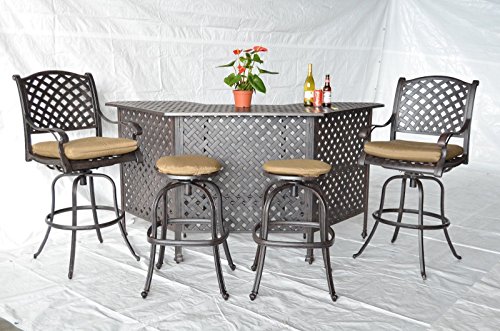 Nassau Cast Aluminum Powder Coated 5pc Outdoor Patio Set with Party Bar - Antique Bronze