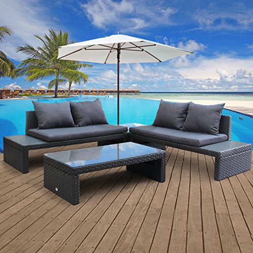 Cloud Mountain 4 PC PE Outdoor Cushioned Patio Garden Furniture Set Rattan Double Sofa Glass Table Side Table Steel Blue Seat