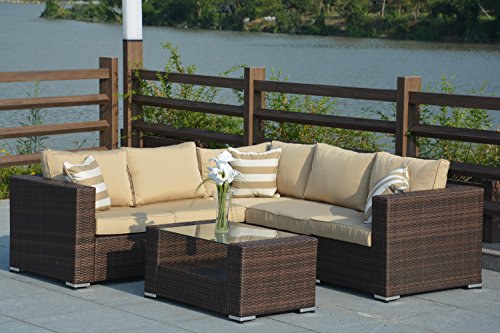 Direct Wicker 4 pc Modern Outdoor Backyard Wicker Rattan Patio Furniture Sofa Sectional Couch Set - Beige