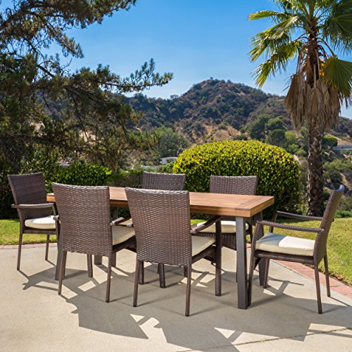 Castlelake Outdoor Patio Furniture 7 Piece Dining Set w Cushions Wood Table w Wicker Chairs