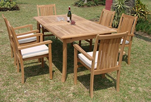 Grade-a Teak Wood Luxurious Dining Set Collections 7 Pc - 94&quot Double Extension Rectangle Table And 6 Cahyo Stacking