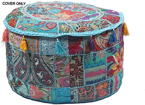 GANESHAM Indian Hippie Vintage Cotton Floor Pillow Cushion Patchwork Bean Bag Chair Cover Boho Bohemian Hand Embroidered Handmade Pouf Ottoman Turquoise 13 H x 18 Diaminch