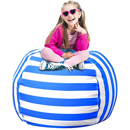 Topwey Stuffed Animal Storage Bean Bag Chair Large Bean Bag Chair Cover for Kids 26 100 Cotton Canvas Children Toy Storage Bags for Room Organizer Kids Blue-White Strips