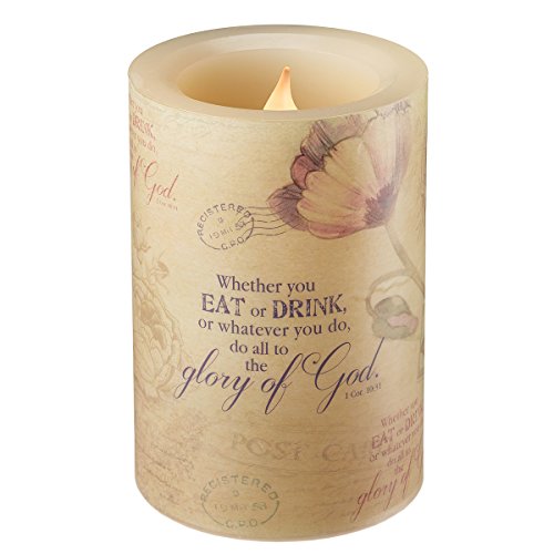 Floral Inspirations Collection Flickering Flameless Wax Pillar Candle Small 4 x 5 78 inch - 1 Corinthians 1031