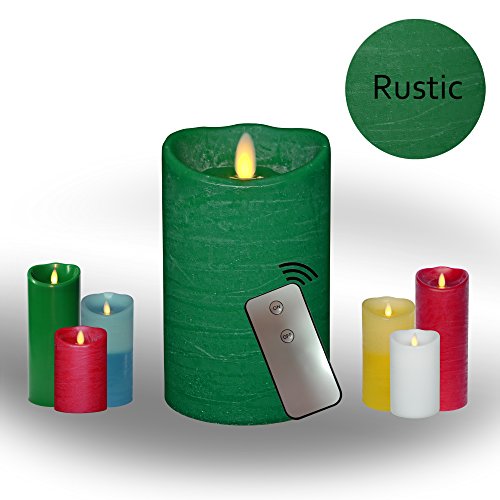 New AEON Moving Wick Flameless Wax Pillar Candle with Timer and Remote Control - Most Realistic Swaying Flame Safe Clean Classy Decor Ideal Candle Replacement Unscented 35x5 Rustic Green