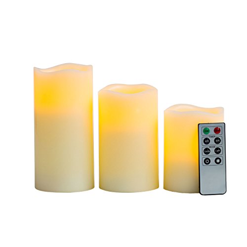 Set Of 3 Melted Edge Flameless Ivory Wax Variety Pillar Candles Remote Included Batteries Included Timer And