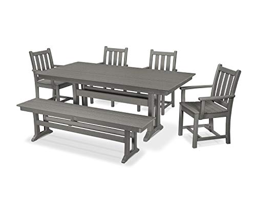 POLYWOOD Traditional Garden 6-Piece Farmhouse Dining Set with Bench Slate Grey