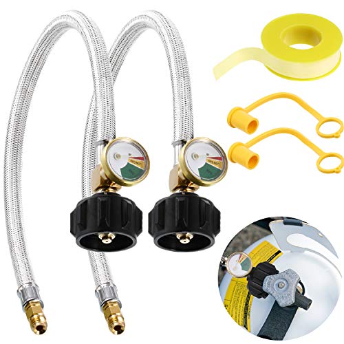 2 Packs 14inch Inverted RV Propane Hose Connector with Gauge 18inch Stainless Steel Braided RV Pigtail Hose for Standard TwoStage Regulator with 2 Pieces Dust Covers and Gas Line Thread Seal Tape