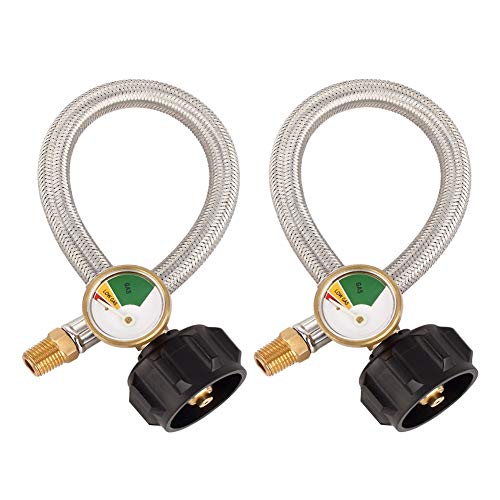 Camplux 2 Pack 14 NPT RV Propane Pigtail Hose with Gauge 12 Inch Stainless Steel Braided Propane Tank Connector for Standard TwoStage Regulator with 14 Male NPT