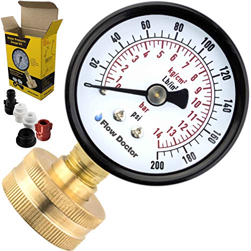 Flow Doctor Water Pressure Gauge Kit All Purpose 6 Parts Kit 0 to 200 Psi 0 to 14 Bars Standard 34 Female Garden Hose Thread Plus 5 Adapters to Test in Multiple Locations Indoors and Outdoors