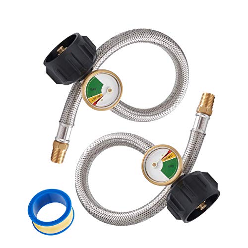 GASLAND 12 Inch RV Propane Hose with Gauge Inverted Stainless Braided Propane Pigtail Hose for Standard 2Stage Regulator Propane Tank Connector 14 Male NPT  QCC1 2 Pack