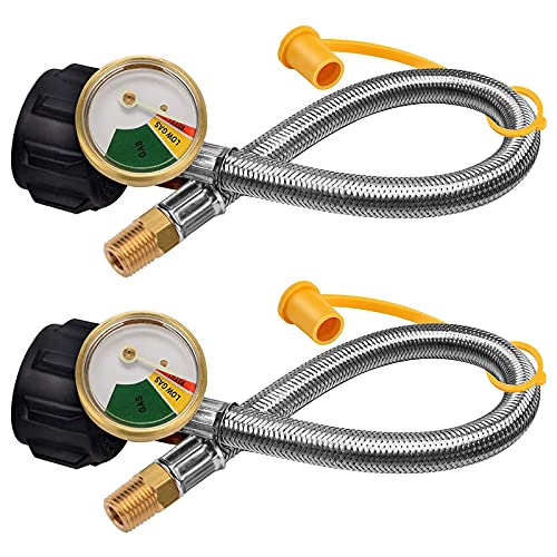 KILILIUN 2 Pack 15 inch 14 NPT RV Propane Pigtail Hose with Gauge and Stainless Steel Braided Hose with 14 Male NPT and QCC1 Connector for Standard 2Stage Regulator