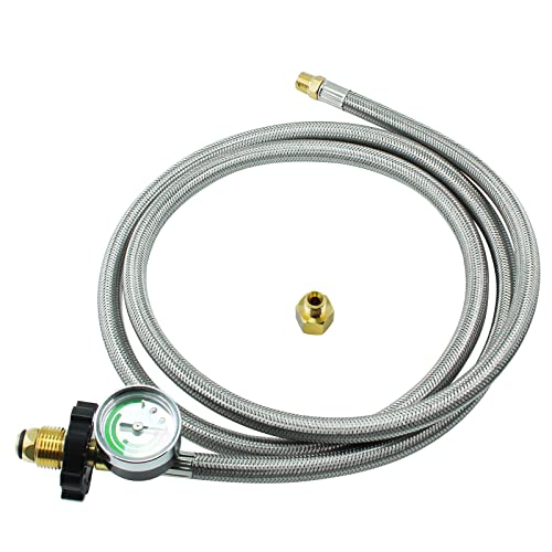 MENSI 6FT Upgraded Braided Universal POL 14 inch NPT  Inverted Male Flare Propane Tank Pigtail Hose with Gauge for Standard TwoStage Regulator