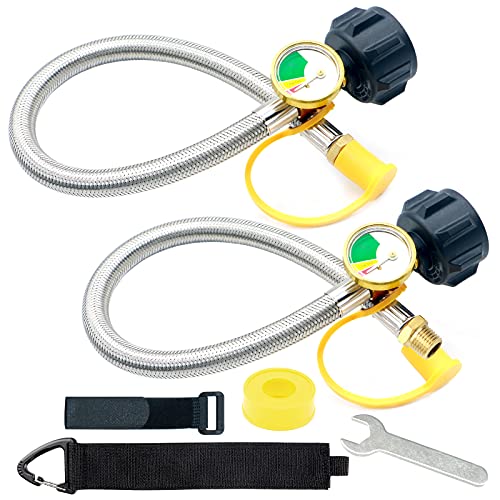 NQN 2 Packs RV Propane Hoses with Gauge 18 Inch Stainless Steel Braided Camper Tank HoseRv lp Gas Hoses Connector for Standard TwoStage Regulator 40Lb 250PSI 14 NPT QCC1 Fittings