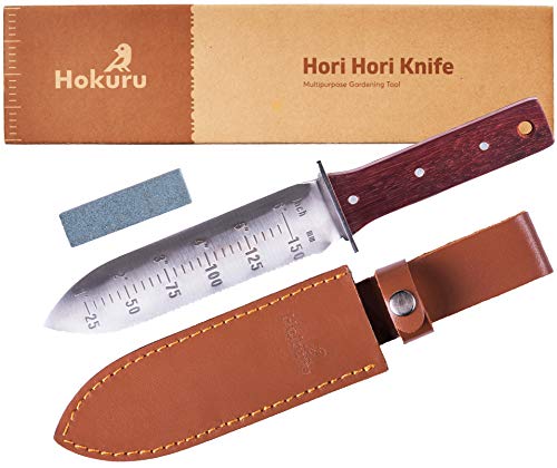 HOKURU Hori Hori Knife  Landscaping Digging Weeding Cutting Planting Gardening Tool with Leather Sheath Stainless Steel Blade and Sharpening Stone