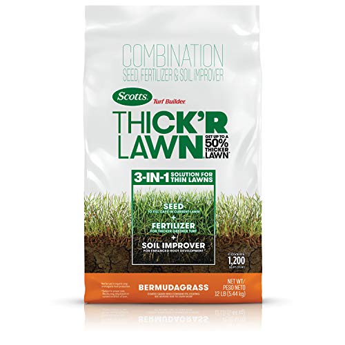 Scotts Turf Builder ThickR Lawn Bermudagrass  Covers 1200 sq ft Combination Seed Fertilizer and Soil Improver Fill and Repair Gaps in Thin Lawns and Enhance Root Development 12 lb