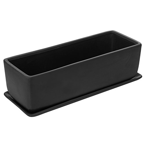 MyGift 14Inch Rectangular Modern Ceramic Succulent Planter Pot Window Box with Saucer Black