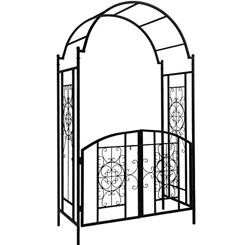 OUTOUR Elegant Garden Arch with Gate Garden Arbor Trellis Arbour Archway for Climbing Plants Roses Vines Support Rack Outdoor Garden Lawn Backyard Patio Matte Black …