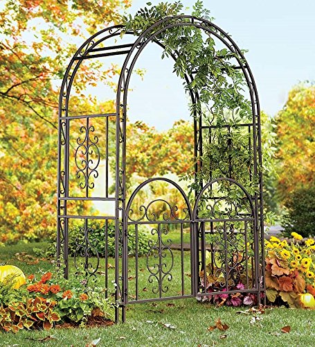 Plow  Hearth Montebello Decorative Scrollwork Metal Garden Arbor Landscape Accent with Gate Burnished Gunmetal Finish and 7 Ground Stakes 53 W x 23 D x 84 H