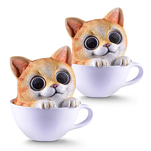 Cat in Cup Solar Garden Decorations Figurine  Outdoor LED Decor Figure  Light Up Decorative Statue Accents for Yard Patio Lawn or Deck  Great Housewarming Gift Idea (Brown 2 Pack)