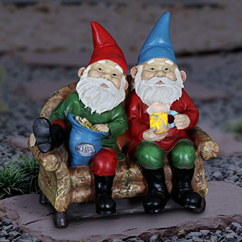 Exhart Funny Gnomes Couch Potatoes  Silly Solar Outdoor Statues of Lazy Gnomes Eating Chips  Drinking Beer wSolar LED Accent Lights  Garden Gnomes Solar Statues Colorful Yard Décor