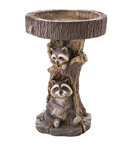 Plow  Hearth Two Playful Raccoon Pair in a Tree Stump Resin Birdbath HandPainted AllWeather WoodLook Resin Landscape Yard and Garden Accent 17 Dia x 23½H