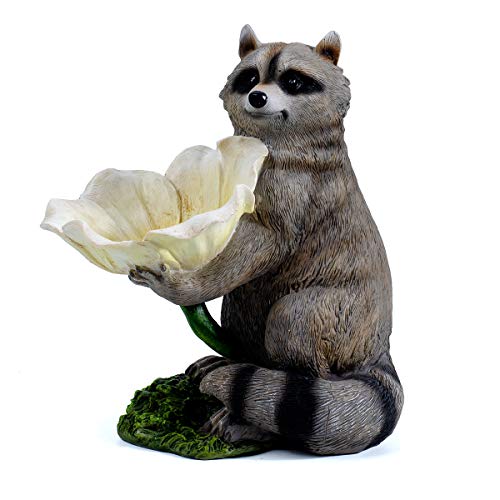 QIANSHENG Garden Raccoon Statue Resin Birdbath Tray Wild Bird Feeder Polyresin Bird Bath Bowl Landscape Accent for Outdoor Decor Patio Lawn Yard Ornaments